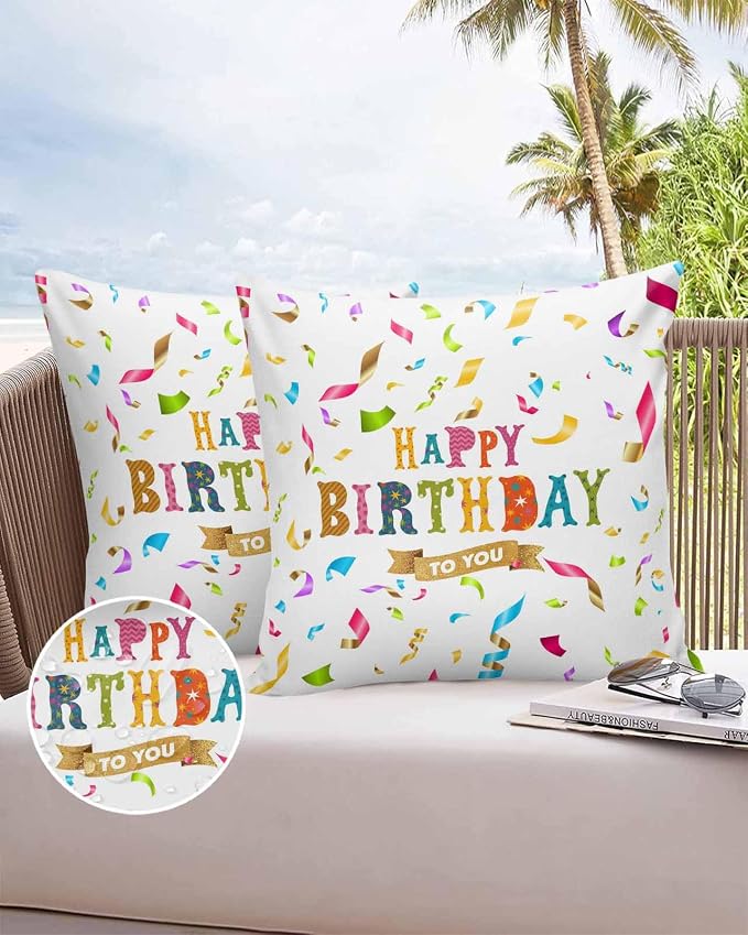 Vandarllin Outdoor Throw Pillows Covers 24x24 inch Set of 2 Waterproof Happy Birthday Decorative Zippered Cushion Covers for Patio Furniture, Colorful Ribbon Celebration Lumbar Pillowcases