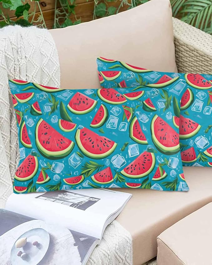 Vandarllin Outdoor Throw Pillows Covers 20x12 inch Set of 2 Waterproof Watermelon Decorative Zippered Cushion Covers for Patio Furniture, Summer Fruit Ice Cubes Lumbar Pillowcases