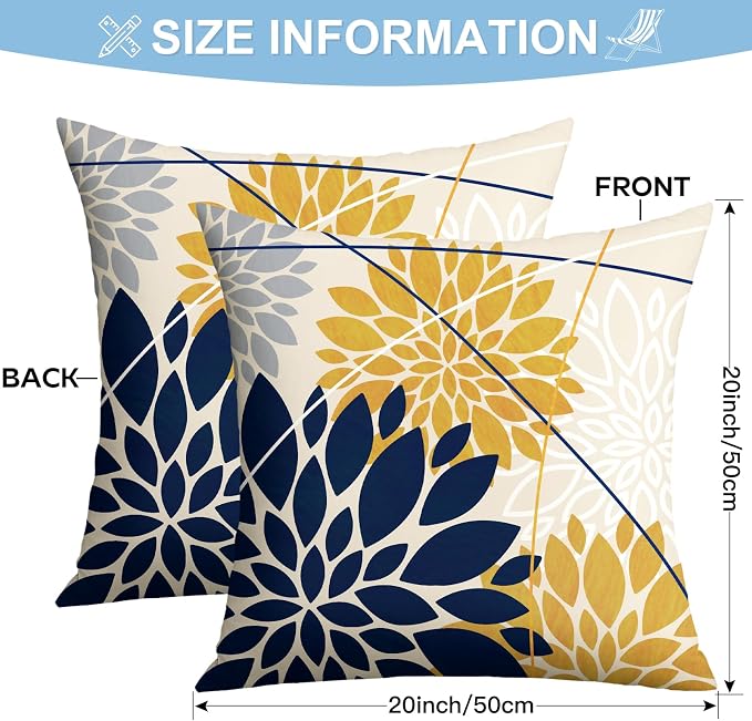 OTOSTAR Outdoor Dark Blue Yellow Pillow Covers 20x20 Inch Set of 2 Light Grey Flower Throw Pillows Geometric Dahlia Floral Square Cushion Case Waterproof Decor for Sofa Patio Funiture Garden