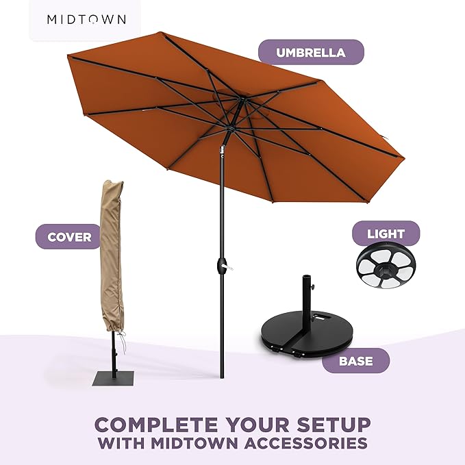 Midtown Umbrellas – The Lean 9 Ft Patio Umbrella with 10-Year-No-Fade Acrylast Acrylic Fabric, Auto-Tilt and 8 Reinforced Ribs for Deck, Pool, Garden, Hotel & Cafes – Sienna Rust Canopy, Black Pole