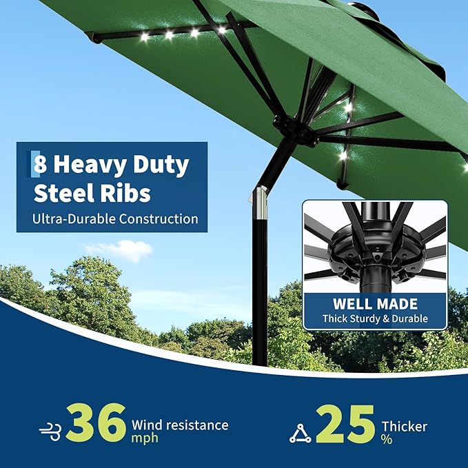9FT Outdoor Patio Umbrella, 8 Ribs Market Table Umbrella with Solar Light & Tilt & Crank, UV-Resistant Waterproof for Pool, Deck, Backyard, Dark Green