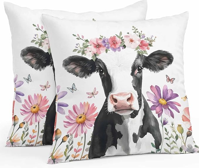Flowers Cow Waterproof Outdoor Pillow Covers Set of 2 Home Decor, Spring Botanical Floral Plants Butterfly Pillowcase Patio Pillow Covers for Couch Bench Furniture Garden 26x26in