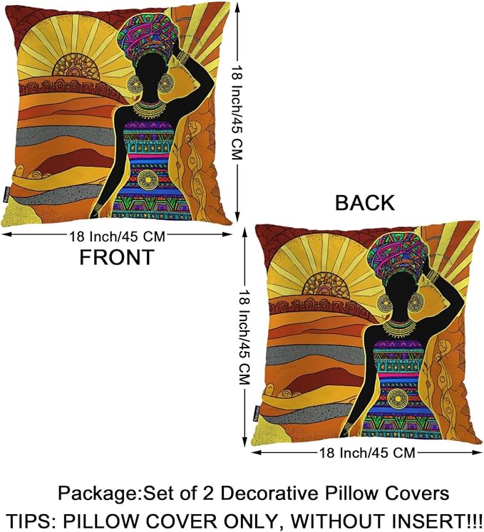 Swono African Woman Throw Pillow Cases Pack of 2, Black African Woman Square Cushion Covers Decor Pillow Covers for Couch Sofa Home Farmhouse Decoration 18 X 18 Inches Pillowcases