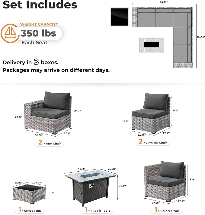 ovios 7 Pieces Patio Furniture Set, Outdoor Wicker Sectional Sofa with 42 Inch Fire Pit Table Comfy Cushions, Modern Modular Deep Seat Rattan Couch Conversation Set, Black