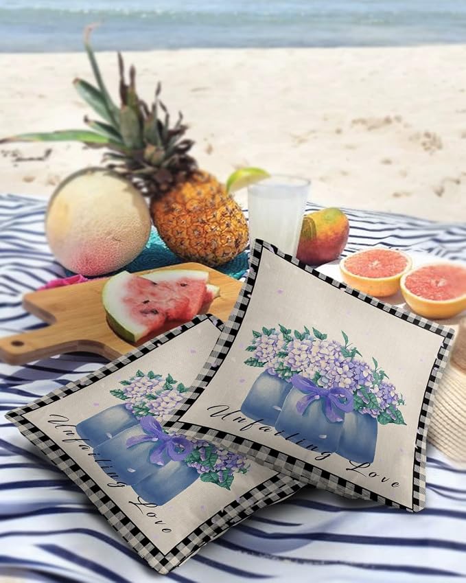 Hydrangea Outdoor Pillow Shams Set of 2, Decorative Pillowcases Cushion Case, Soft Throw Pillow Covers Waterproof Pillow Case 16x16 Inch, Purple Flowers in Jar Black Plaid Unfailing Love
