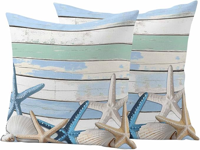 Outdoor Waterproof Pillow Covers Coastal Blue White Starfish Shell Pack of 2 Lumbar Pillow Cover Wood Grain Decorative Cushion Pillowcases for Patio Couch Bench Garden 18 x 18 Inches