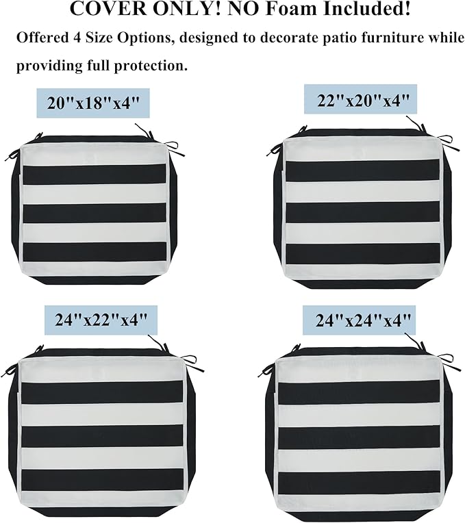 FUNHOME 2 Pack Outdoor Cushion Covers 24" x 22" x 4", No Insert! Water-Resistant Patio Chair Seat Cushion Covers with Zipper and Tie, Replacement Cover Only(Black White Stripe)