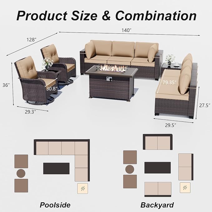 ALAULM Patio Furniture Set with 2 Swivel Chairs, Outdoor Sectional with 55000 BTU Fire Pit Table and Wide Seat, 11 Pieces Wicker Rattan Conversation Set with Coffee Table for Garden, Deck, Sand