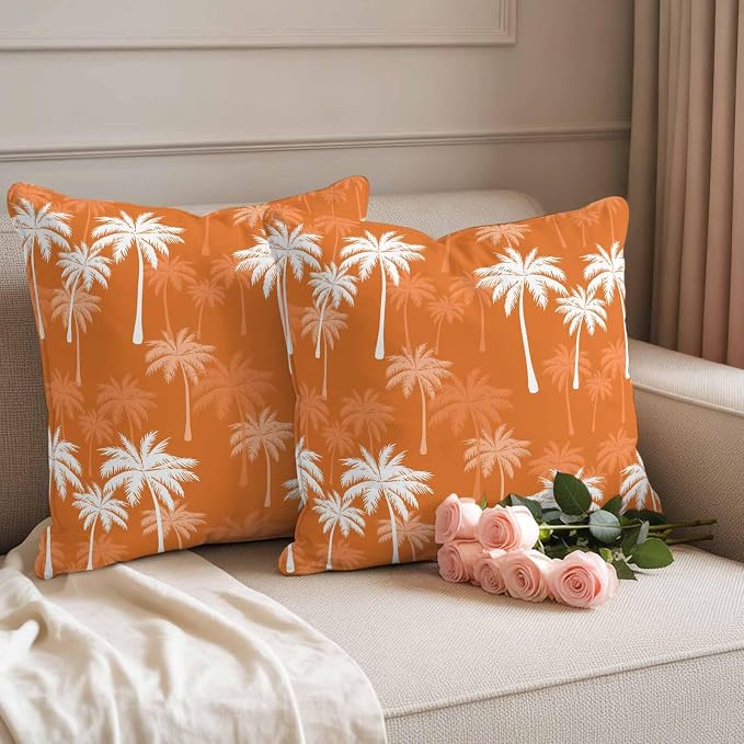 Throw Pillow Covers 24x24 Inch Set of 2, Tropical Palm Tree Waterproof Outdoor Pillow Covers, Orange White Plants Coastal Leaf Beach Decorative Cushion Pillowcases for Couch, Sofa, Bed, Garden, Patio