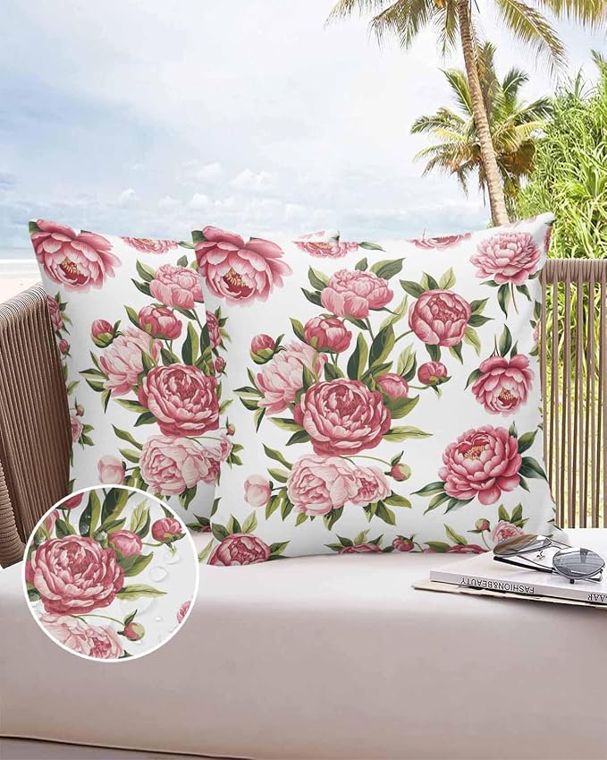 Vandarllin Outdoor Throw Pillows Covers 20x20 inch Set of 2 Waterproof Pink Rose Floral Decorative Zippered Cushion Covers for Patio Furniture, Leaves Flowers Lumbar Pillowcases
