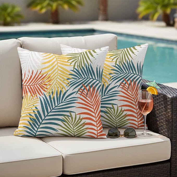 Outdoor Waterproof Throw Pillow Covers, Orange Green Yellow Palm Leaves Decorative Pillow Cases, Summer Botanical Tropical Leaf Couch Pillow Protector Patio Sofa Cushion Covers 20"x20" 2 Pack