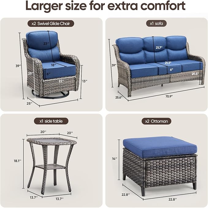 Swivel Patio Chairs Sofa Set of 6-6" Thick Cushion - Wicker Outdoor Swivel Rocker Patio Chair,Sofa/Side Table, High Back Comfortable Outdoor Glider Chairs - Grey Wicker | Blue Cushions