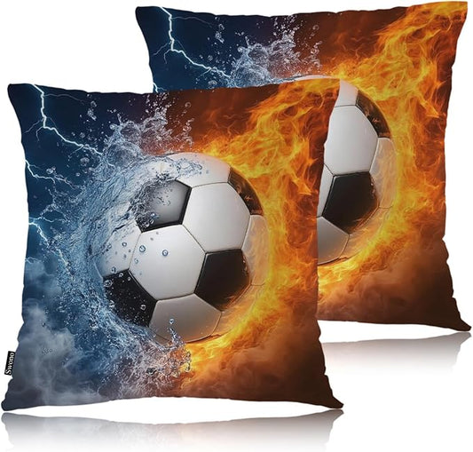 Swono Soccer Decorative Throw Pillow Case 18" X 18", Soft Pillow Covers Sport Football Soccer in Fire and Water Set of 2 Throw Pillowcase Cushion Covers for Couch Chair Bedroom Sofa Car Seats