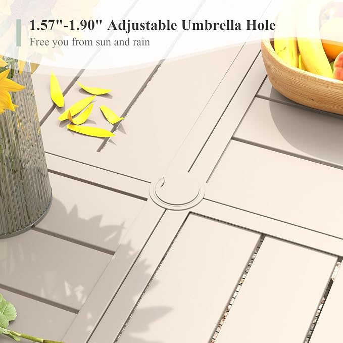 Outdoor Dining Set for 8, 63.1" Metal Round Outdoor Dining Table with Umbrella Hole and Sling Patio Swivel Chairs, 9 Pieces Patio Table and Chairs Set for Garden Backyard, Sandshell