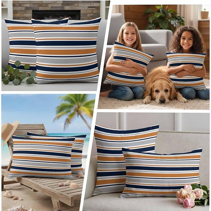 Orange Grey Striped Outdoor Pillow Cover 16x16 Inch Cushion Sham Case, Farmhouse Stripes Modern Abstract Art Waterproof Decorative Square Throw Pillowcase for Outside Garden Patio Porch Couch Chair