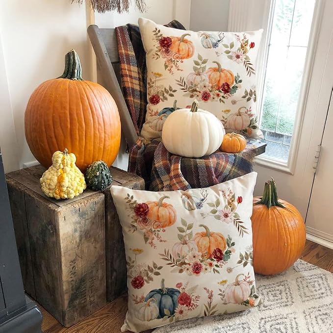 RABUSOFA Fall Pillow Covers 18x18 Inch Set of 2 Orange Pink Dark Blue Pumpkin Rust Floral Thanksgiving Autumn Harvest Outdoor Throw Cushion Cases Seasonal Fall Farmhouse Decorations for Home Couch