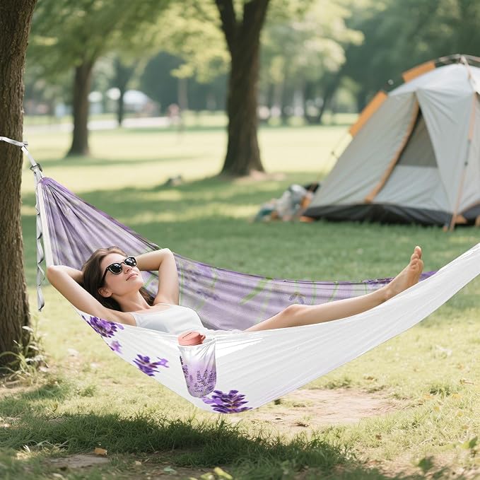 Lavender Flowers Camping Hammock, Portable Lightweight Single Hammock with Tree Straps and Aluminum Carabiners, 114" x 54" Travel Hammock for Hiking Backpacking Beach