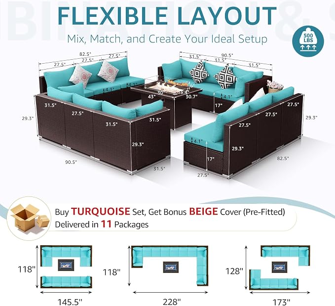 NICESOUL 13 Piece Patio Furniture w/Fireplace, Elegant Outdoor Seating w/Firepit, XL 29.3'' High Back Sectional Sofa, All-Weather Rattan Deck Couch, Modular Sturdy Conversation Set, Brown & Teal