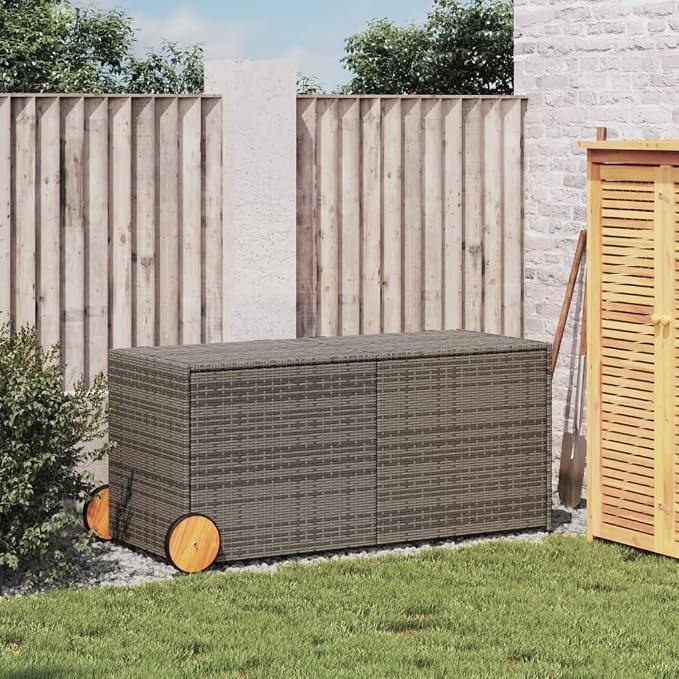 Grey 283 L Rattan Deck Box on Wheels, 21.7 x 50 x 22 in Adjustable Outdoor Storage Box for Patio, Balcony & Garden, Weather-Resistant Cushion Chest