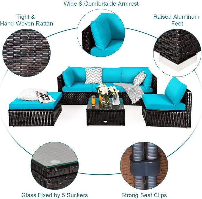 COSTWAY 6-Piece Outdoor Patio Furniture Set, Rattan Sectional Sofa Set with Tempered Glass Coffee Table, Cushions and Ottoman for Garden, Deck, Backyard (Turquoise)