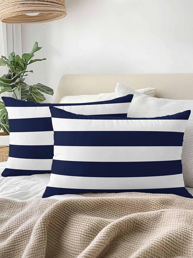 Waterproof Outdoor Pillow Set of 2 Navy Blue Stripe Decorative Throw Pillows Cover & Insert 20x12 Inch Lumbar Pillowcase Simple Style White Striped Pillows for Couch Sofa Bed Patio Furniture