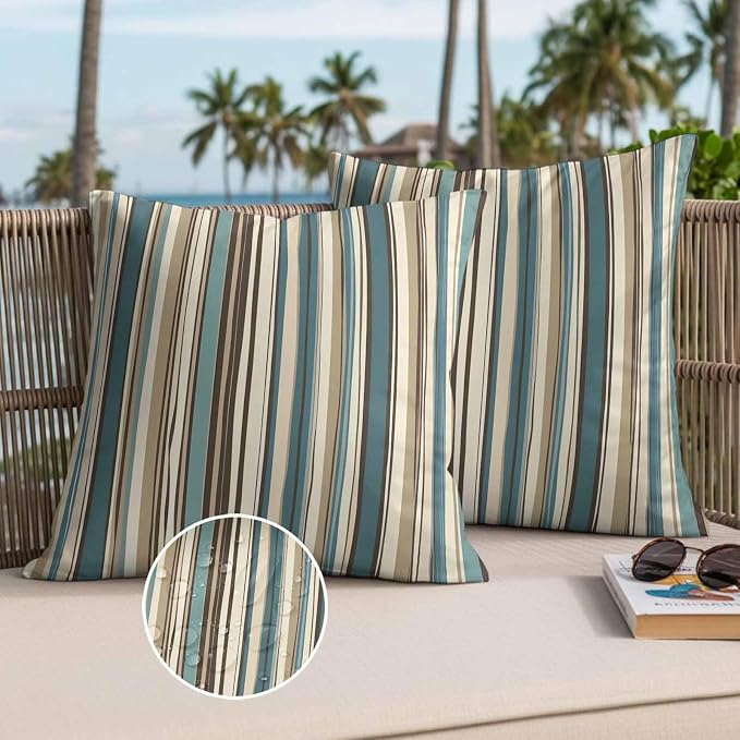 Boho Vertical Stripes Outdoor Waterproof Throw Pillow Covers Set of 2, 24"x24", Green Beige Simple Lines Decorative Pillow Covers Outside Cushion Case for Patio Porch Garden