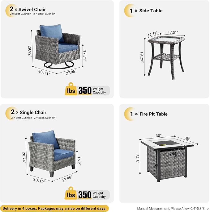 ovios 6 Pieces Patio Furniture Set, Outdoor Wicker Rattan Swivel Chairs with 30" Fire Pit Table, High Back Rocking Glider Chair Conversation Sets for Porch Deck, Denim Blue