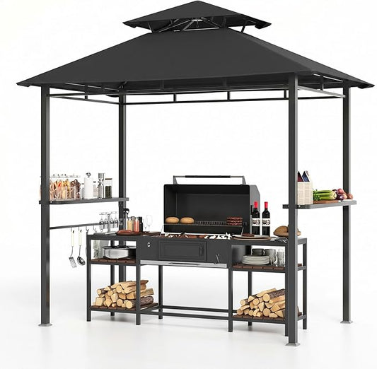 Garvee 8' x 5' Outdoor BBQ Grill Gazebo, Double-Tiered Vented Patio Canopy Tent with 2 Side Shelves for Cooking and Outdoor Entertaining