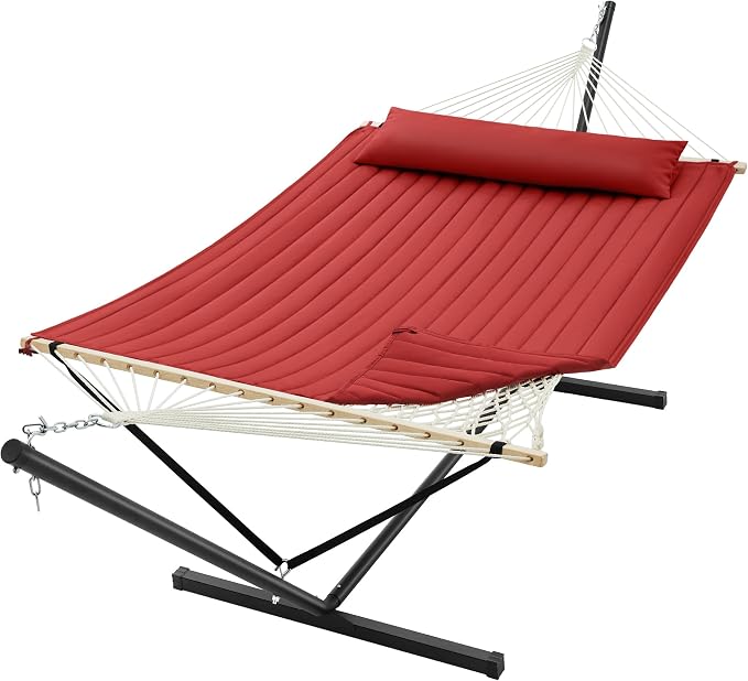 SUPERJARE 12ft Double Hammock with Stand, Rope Hammock for 2 Person, Detachable Hammock Bed and Pillow, Portable, Anti-Tip Safety Ropes, Carry Bag, Outdoor Backyard Patio Camping, Burgundy