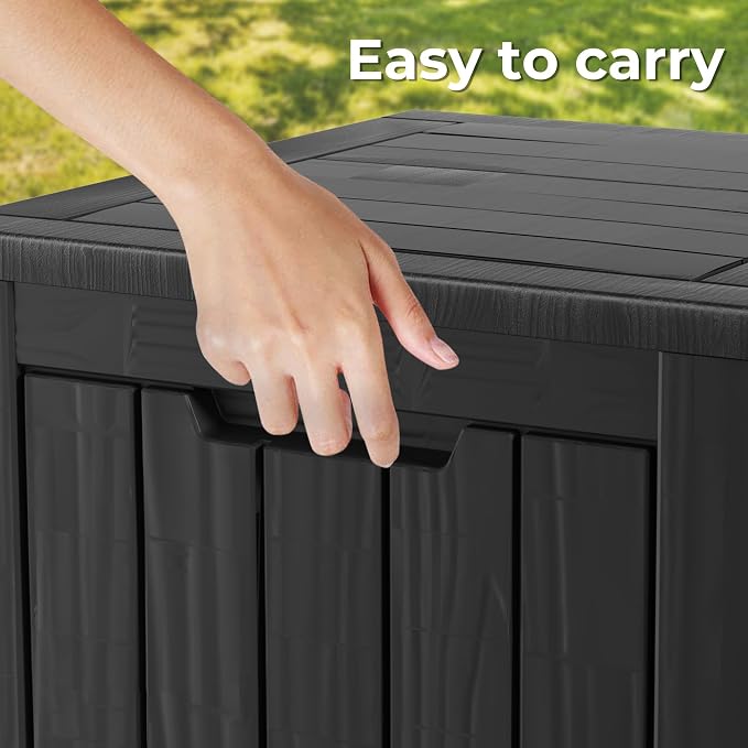 Outdoor Storage Box, 35 Gallon Waterproof Deck Box, Quick Snap-Lock Resin Cabinet for Seat Pillows, Patio Blankets, Lockable End Table Beverage Stand, Apartment Deck, Black