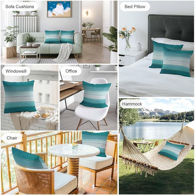 Teal Turquoise Outdoor Pillow Covers 20x20 Inch Throw Pillow Covers Set of 2 Waterproof Decorative Pillow Cases Farmhouse Abstract Gradient Wooden Plank Cushion Covers for Patio Furniture Garden Couch