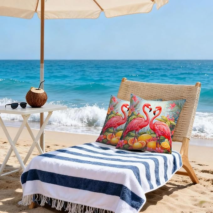 Flamingos Lemon Summer Fruit Outdoor Throw Pillow Covers 20x20 Inch Set of 2 Waterproof Decorative Square Pillowcases Cushion Cases for Patio Couch Garden Furniture Sofa