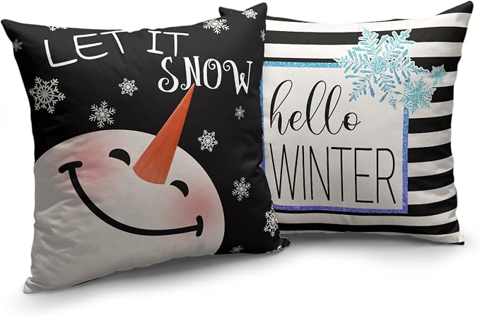 Winter Decorative Pillow Covers 18x18 Lovely Snowman Throw Pillow Covers Set of 2 Hello Winter Black Stripes Cushion Case for Living Room Holiday Decor Couch