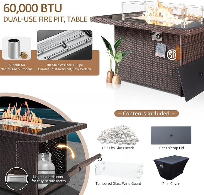 NICESOUL 7 Piece Outdoor Patio Furniture Set with Fire Pit Table Natural Gas & Propane Convertible, 29.3'' High Backrest Deep Wide Seating Conversation Sets, Wicker Sectional Couches, Brown & Beige