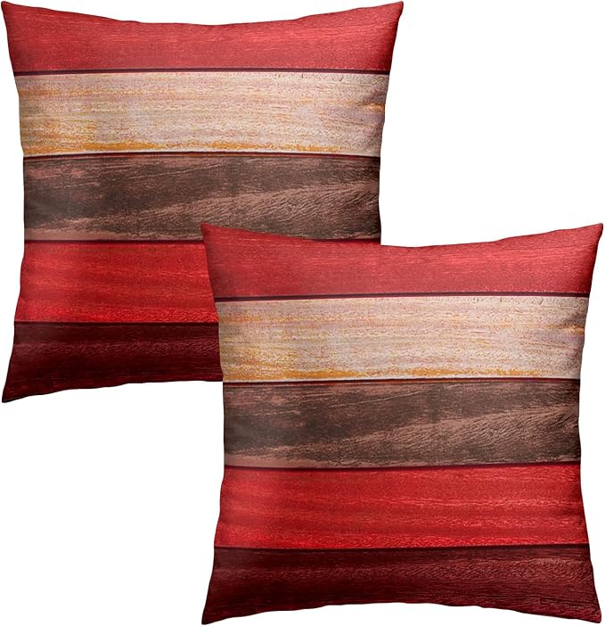 Vintage Red Wood Pillow Covers 22x22 Inch Set of 2, Rustic Pink Brown Wooden Barn Square Decorative Cushion Cover Pillowcase for Farmhouse Wedding Valentine's Day Decor