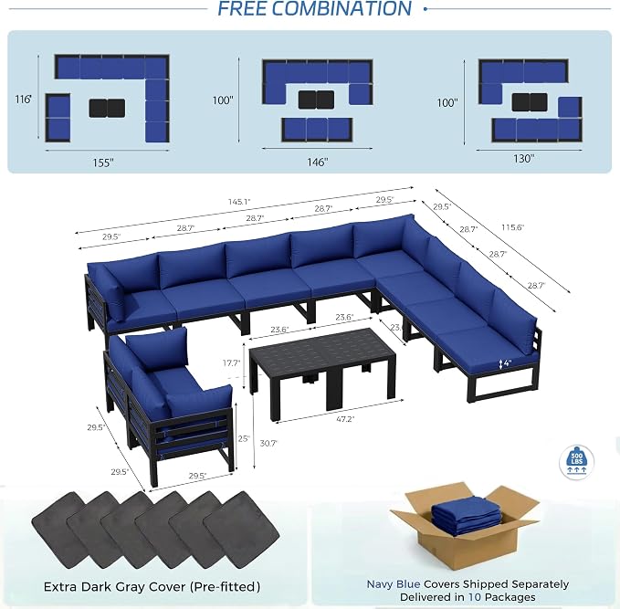 NICESOUL 12 Pcs Extra Large Modern Aluminum Outdoor Sofa with Coffee Table, 29" Deep Wide Seat, 500 lbs Durable Sectional Set for Heavy People,High End Patio Furniture Set for Backyard Lawn, Navy Blue