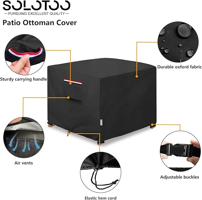 Patio Ottoman Cover Waterproof Heavy Duty Square Outdoor Ottoman Covers, 22W x 22D x 18H Inches Patio Furniture Covering Protector Outdoor Side Table Cover (Black)