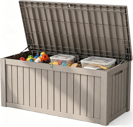 Outdoor Storage Box, 150 Gallon Waterproof Deck Box [Upgraded 3.0], Piston-Assisted Resin Trunk for Sectional Sofa Cushions, High-Capacity Lockable Double Storage Bench, Patio Lounge, Grey