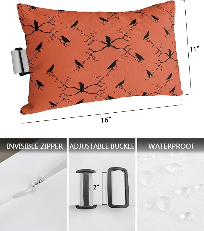 Outdoor Pillows Covers with Inserts Halloween Black Crow on Branch Orange Waterproof Recliner Pillow with Adjustable Strap Throw Pillows for Patio Furniture Pool Lounge Chair, 11x16 inch, 1PCS