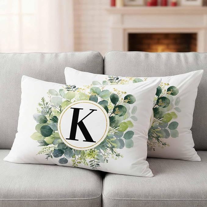 Letter K Waterproof Outdoor Pillow Covers Set of 2 Home Decor, Alphabet Green Eucalyptus Leaves Lumbar Pillowcase Patio Pillow Covers for Couch Bench Patio Furniture Garden 20x12in