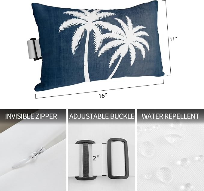 Navy Blue Palm Trees Outdoor Pillows for Chaise Lounge Chair Waterproof Lumbar Pillows with Insert&Adjustable Strap Beach Headrest Pillow Summer Coastal Tropical Botanical Recliner Pool Pillow 11"x16"