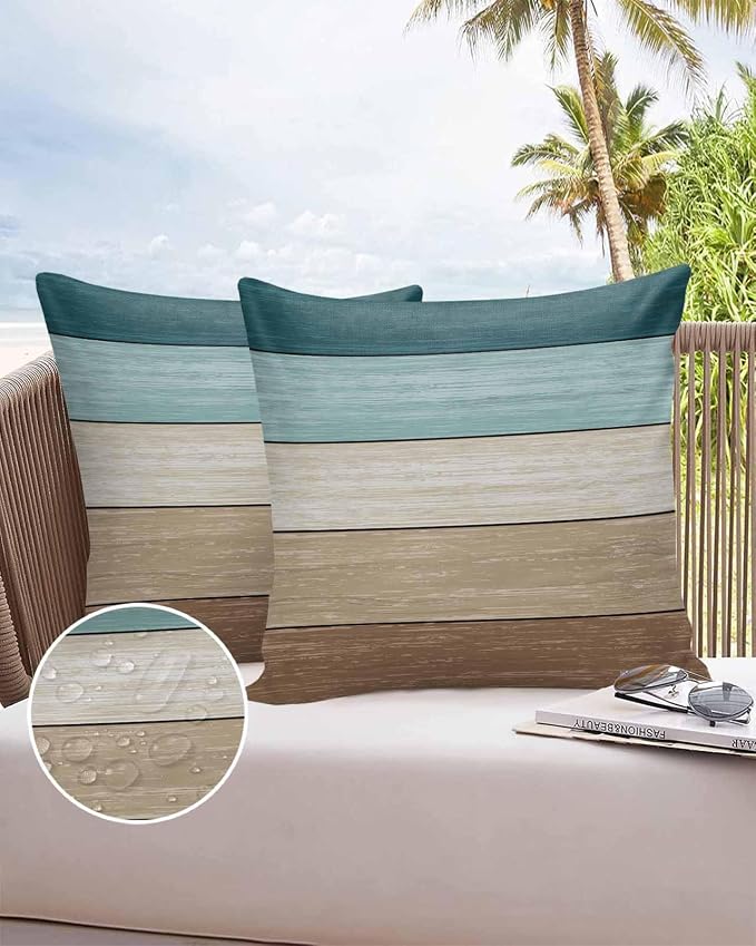 Vandarllin Outdoor Throw Pillow Covers 26X26 Set of 2 Waterproof Teal Blue Brown Decorative Zippered Cushion Covers for Patio Furniture, Farmhouse Retro Rustic Barn Wood Texture Lumbar Pillowcases