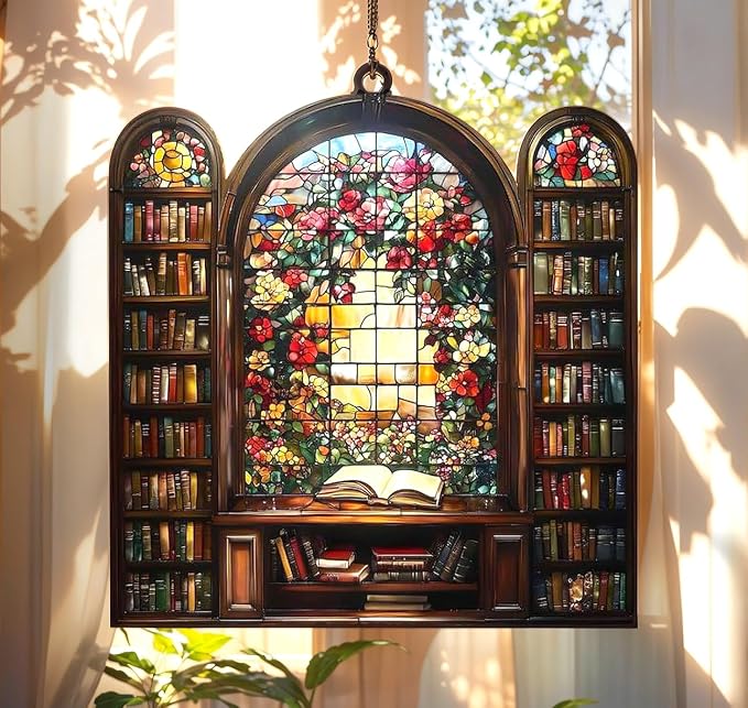 Floral Bookshelf Acrylic Suncatcher, Bookish Suncatchers for Window Hanging Ornament, Art Garden Decor for Book Lover Bookworm Reader, Gifts for Mother's Day, Mom, Grandma, Wife, Women, Nana