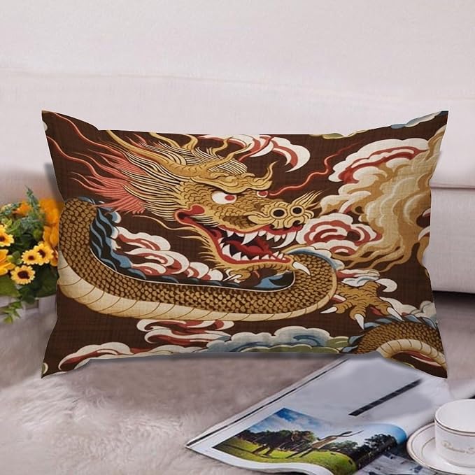 Set of 2 Chinese Oriental Style Asian Dragon Gold Pillow Covers 12x18in Farmhouse Canvas Cushion Covers Outdoor for Couch Chair Home Decor for Family Friends