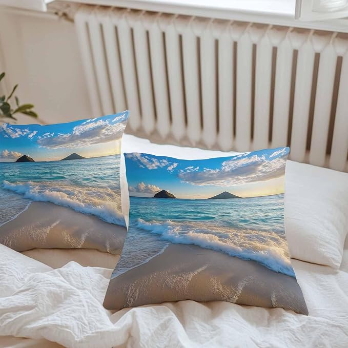 Ocean Waterproof Outdoor Pillow Covers Set of 2 Home Decor, Blue Sky Mountain Sandy Beach Sea Scenery Pillowcase Patio Pillow Covers for Couch Bench Furniture Garden 20x20in