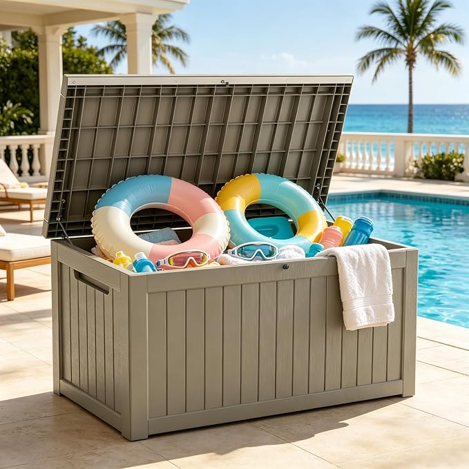 MAKINO 275 Gallon Resin Outdoor Storage Box, Waterproof Deck Box with Lockable Lid, Outside Storage Box for Patio Furniture, Pool Accessories, Garden Tools, Storage Bench for Backyard, Gray Brown