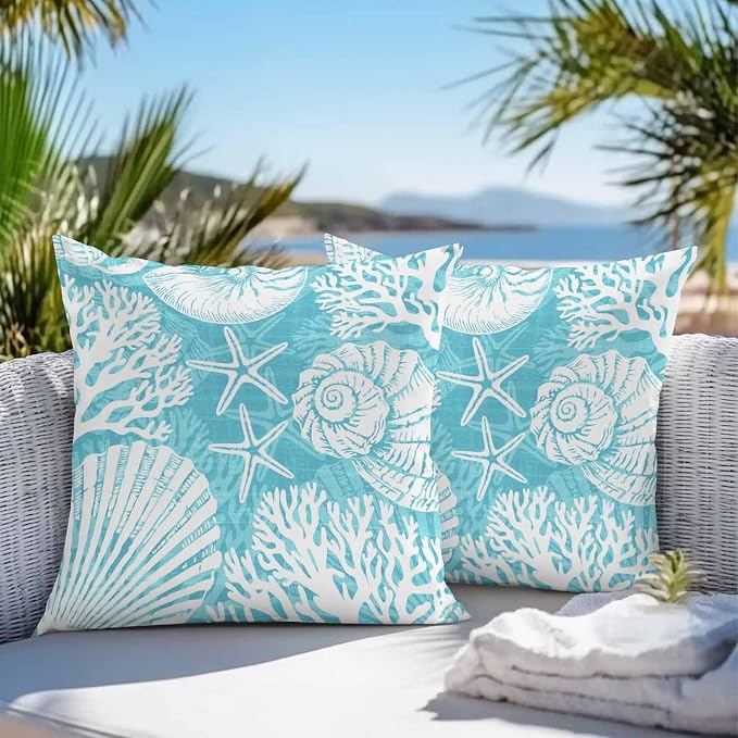 Outdoor Pillow Covers 24x24 Inch Set of 2, Teal Starfish Coastal Waterproof Throw Pillow Covers, Summer Coral Shell Beach Nautical Decorative Cushion Pillowcases for Couch, Sofa, Bed, Garden, Patio