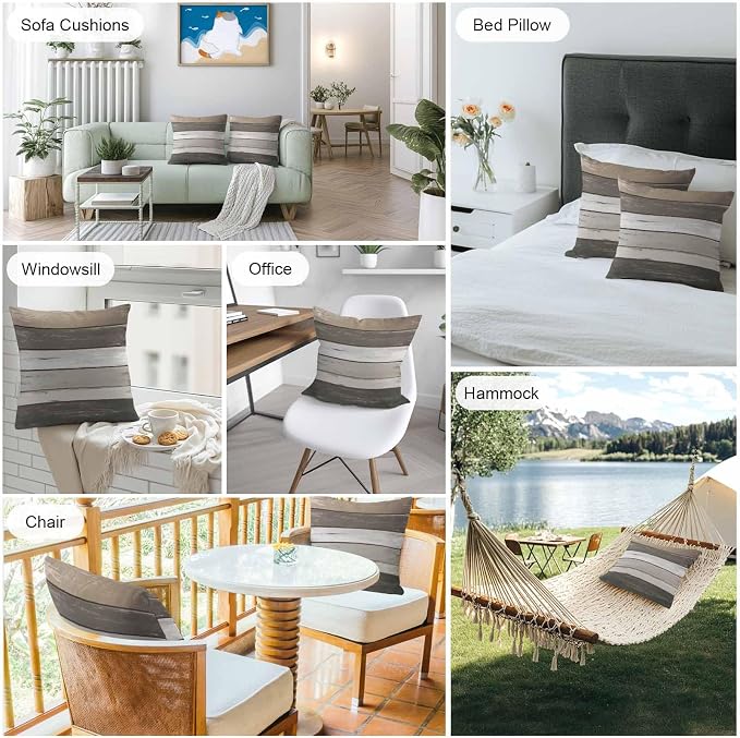 Outdoor Waterproof Pillow Covers Gray White Stripes Pack of 2 Lumbar Pillow Cover Wood Background Decorative Cushion Pillowcases for Patio Couch Bench Garden 20 x 20 Inches