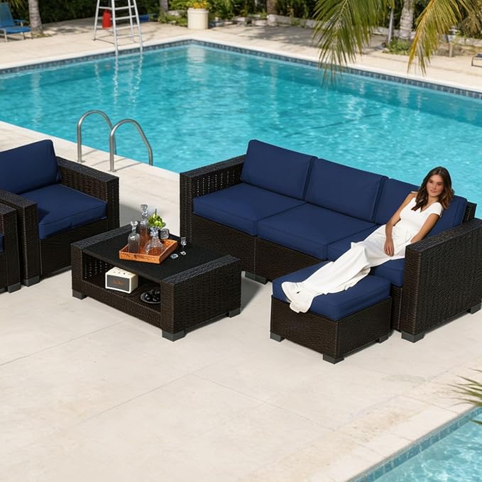7 Piece Patio Furniture Set, Slanted Back Outdoor Sectional Sofa, Patio Conversation Sets with Cushion and Glass Table, Patio Sofa Furniture for Garden, Deck, Dark Brown Rattan & Dark Blue Cushions