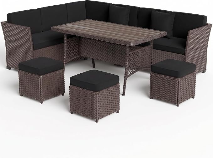 Patio Furniture Set, 7 Pieces Outdoor Dining Sets, All Weather Rattan Conversation Set, Outdoor Dining Sectional Sofa with Large Dining Table, Ottoman (Brown-Black, A-7 Pieces)